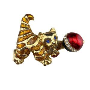 Vintage Gold Tone Cat Brooch With Red Ball & Rhinestones Sparkling Enamel Finish